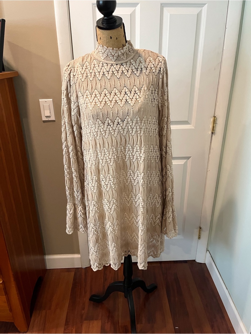 Free People Cream Crochet Lace Long Sleeve Mini Dress